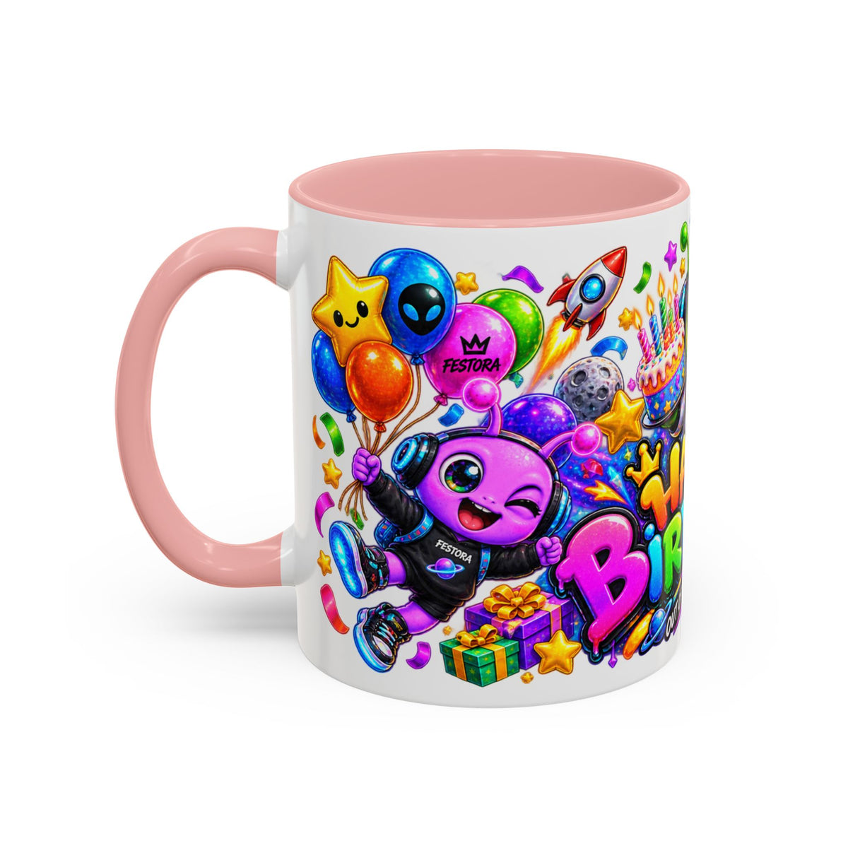 Happy Birthday Out of This World Accent Mug — Cute Alien Space Birthday Coffee Cup (11oz)