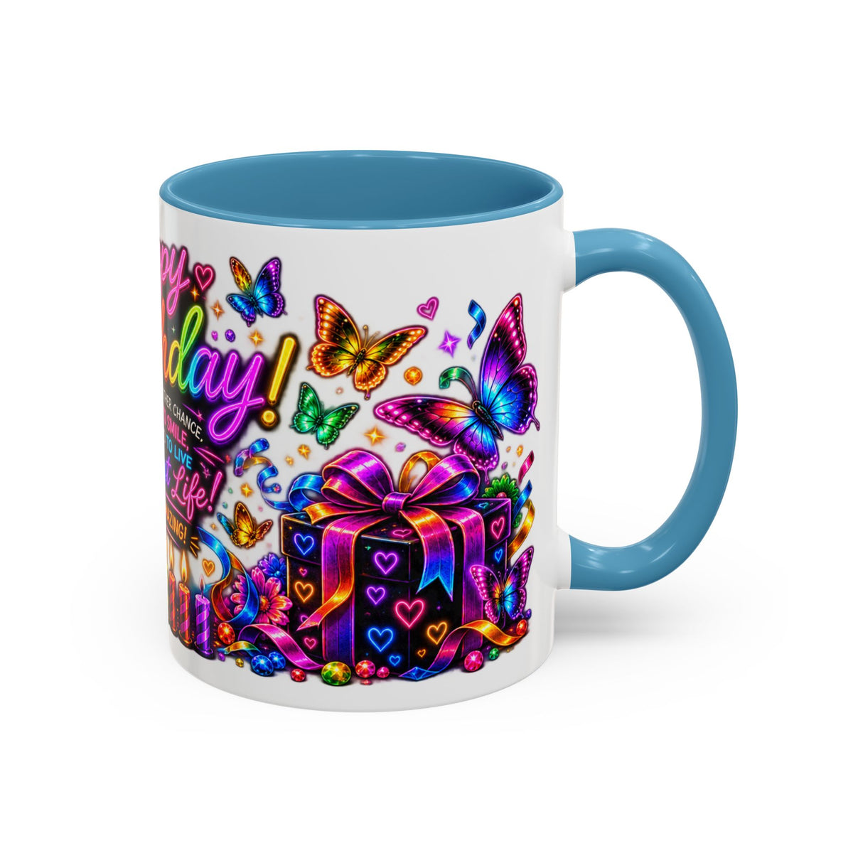 Birthday Coffee Mug – Colorful "Happy Birthday" Gift Mug with Butterflies & Candles