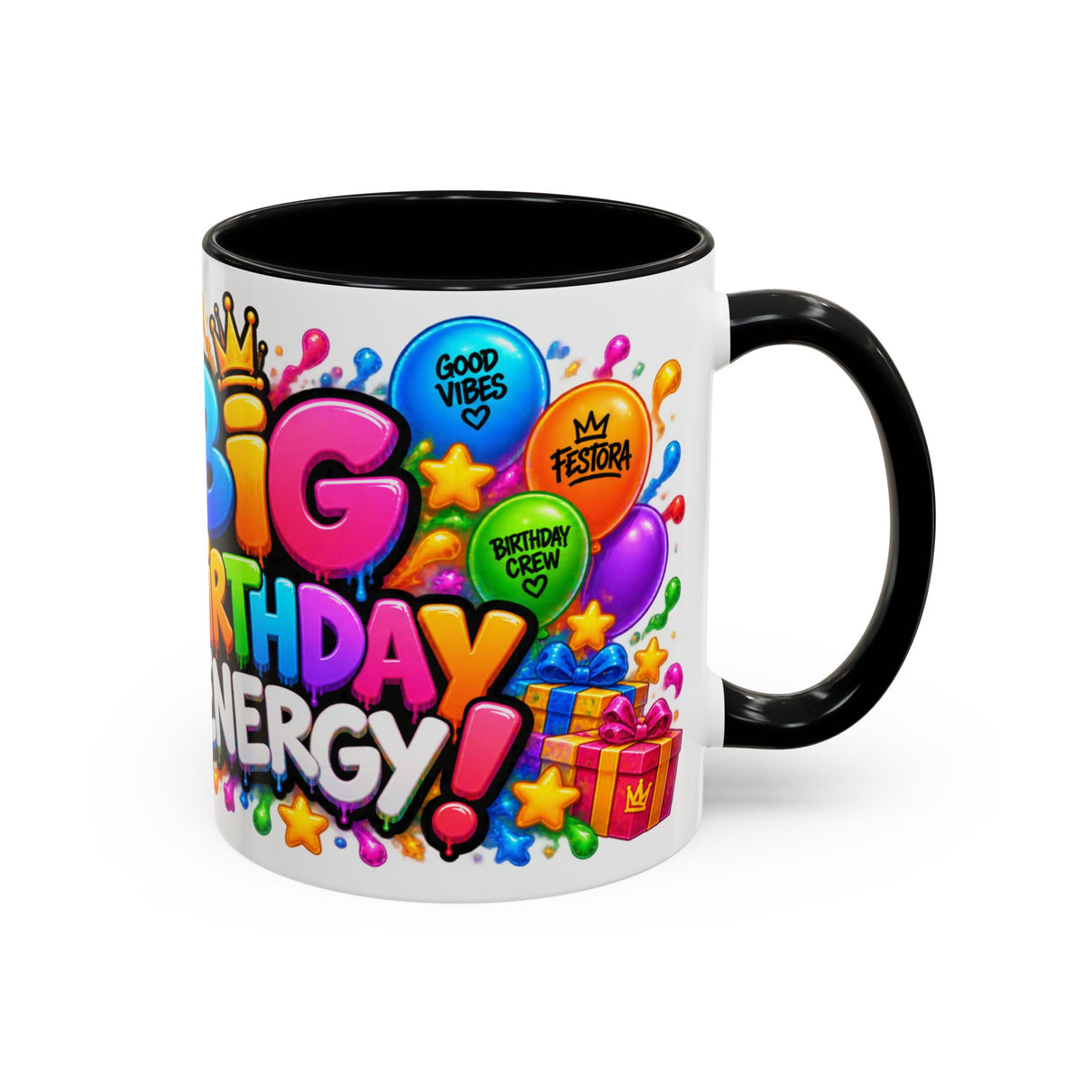 BIG BIRTHDAY ENERGY! White Ceramic Mug – Funny Hippo Birthday Coffee Cup – Colorful Party Gift – Original FestoraShop Design