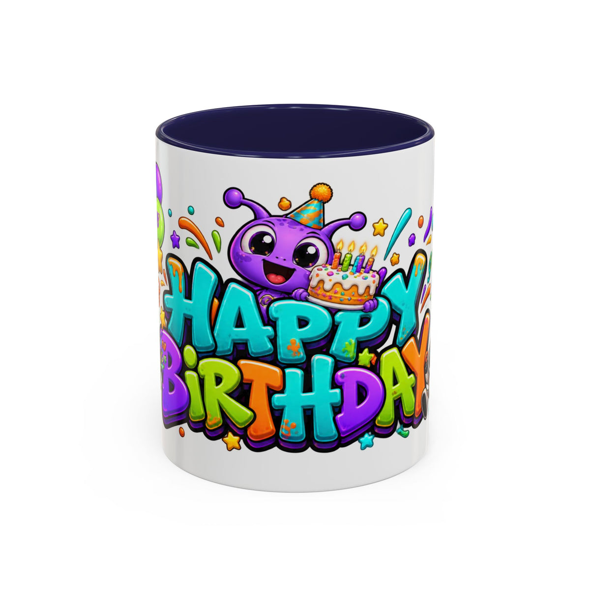 Happy Birthday Alien Mug – Colorful Space Party Cup with Cute Aliens & Robots