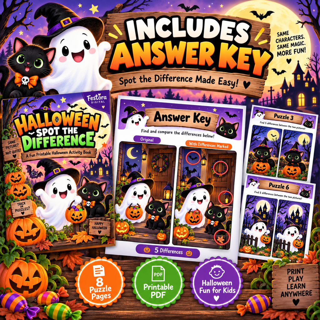 Halloween Spot the Difference Printable Games for Kids | Festora Digital