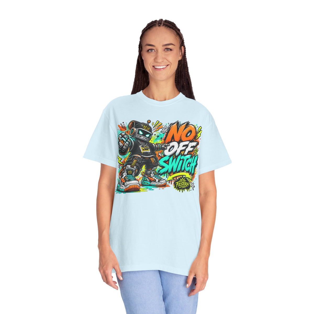 No Off Switch Robot Graphic T-Shirt — Bold Retro Streetwear Design