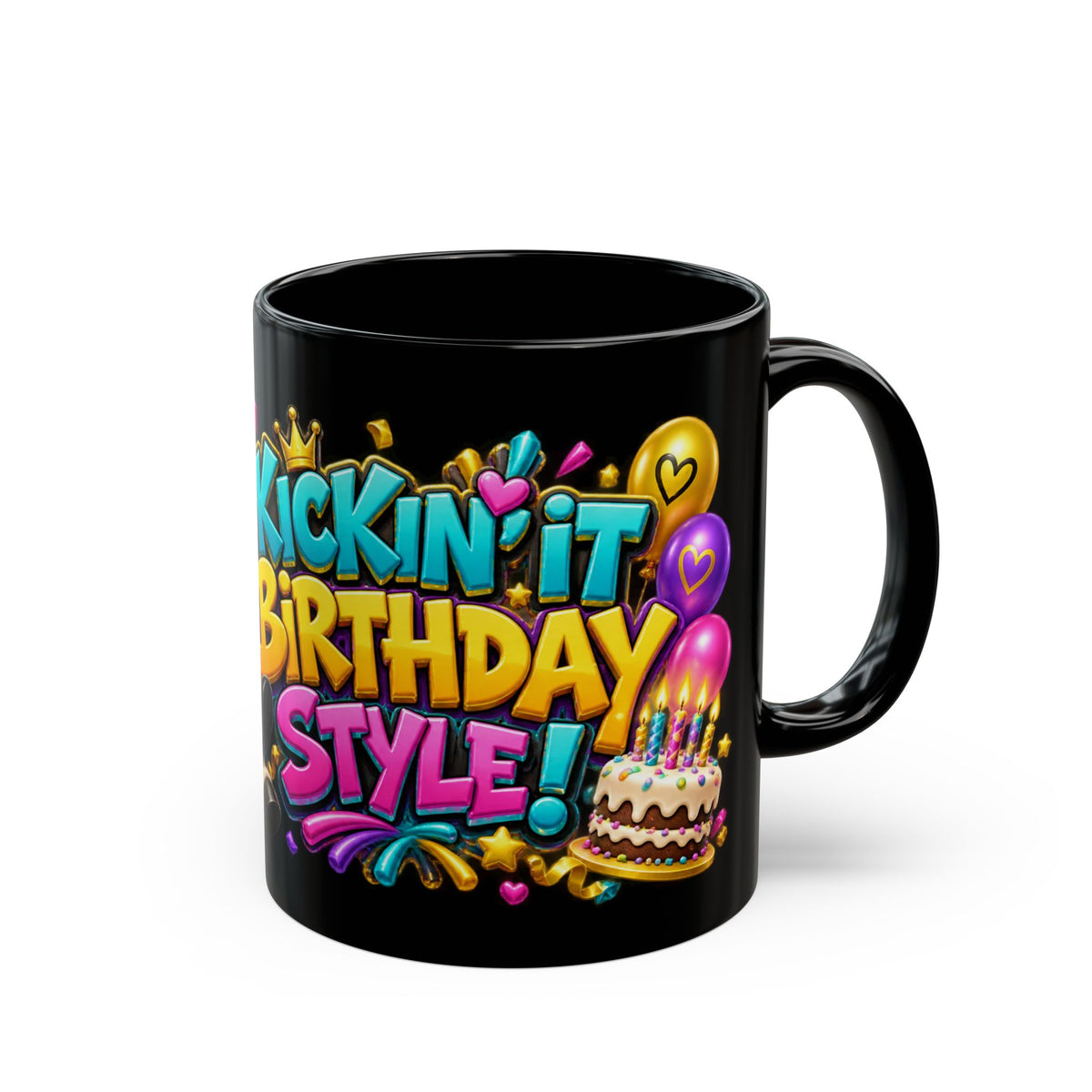 Kickin’ It Birthday Style Donkey Black Mug – Funny Happy Birthday Party Cup, Colorful Festive Gift