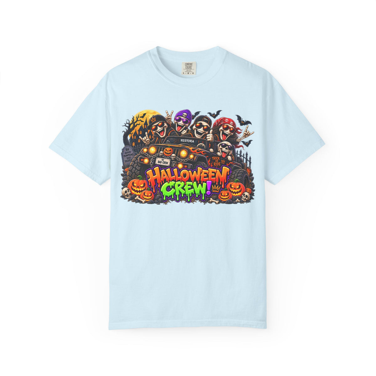 Halloween Crew T-Shirt – Skeleton Jeep Spooky Graphic Tee