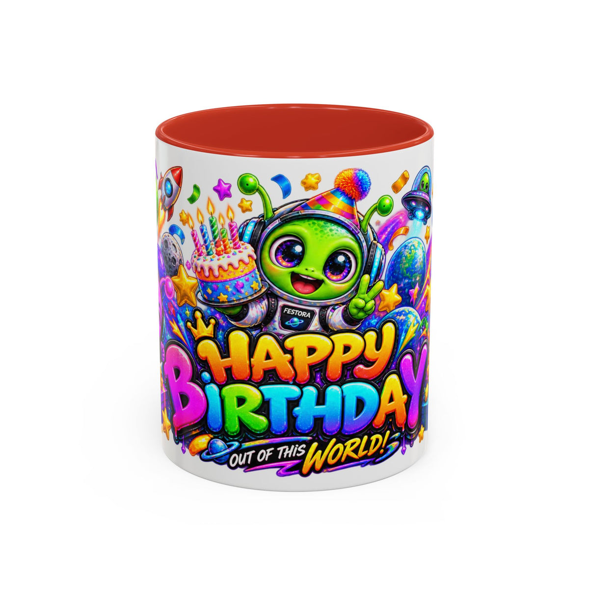 Happy Birthday Out of This World Accent Mug — Cute Alien Space Birthday Coffee Cup (11oz)
