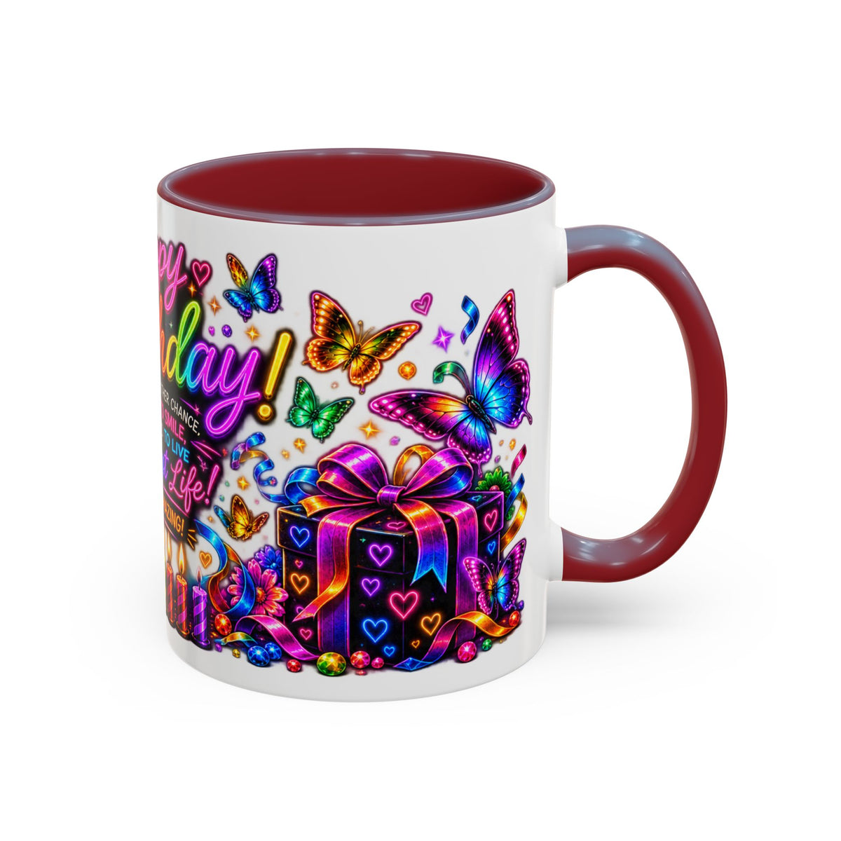 Birthday Coffee Mug – Colorful "Happy Birthday" Gift Mug with Butterflies & Candles