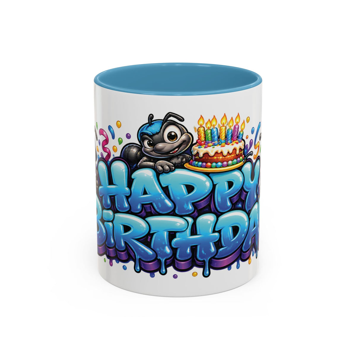 Happy Birthday Cartoon Mug – Graffiti Ants, Birthday Cake, Balloons & Confetti Coffee Cup