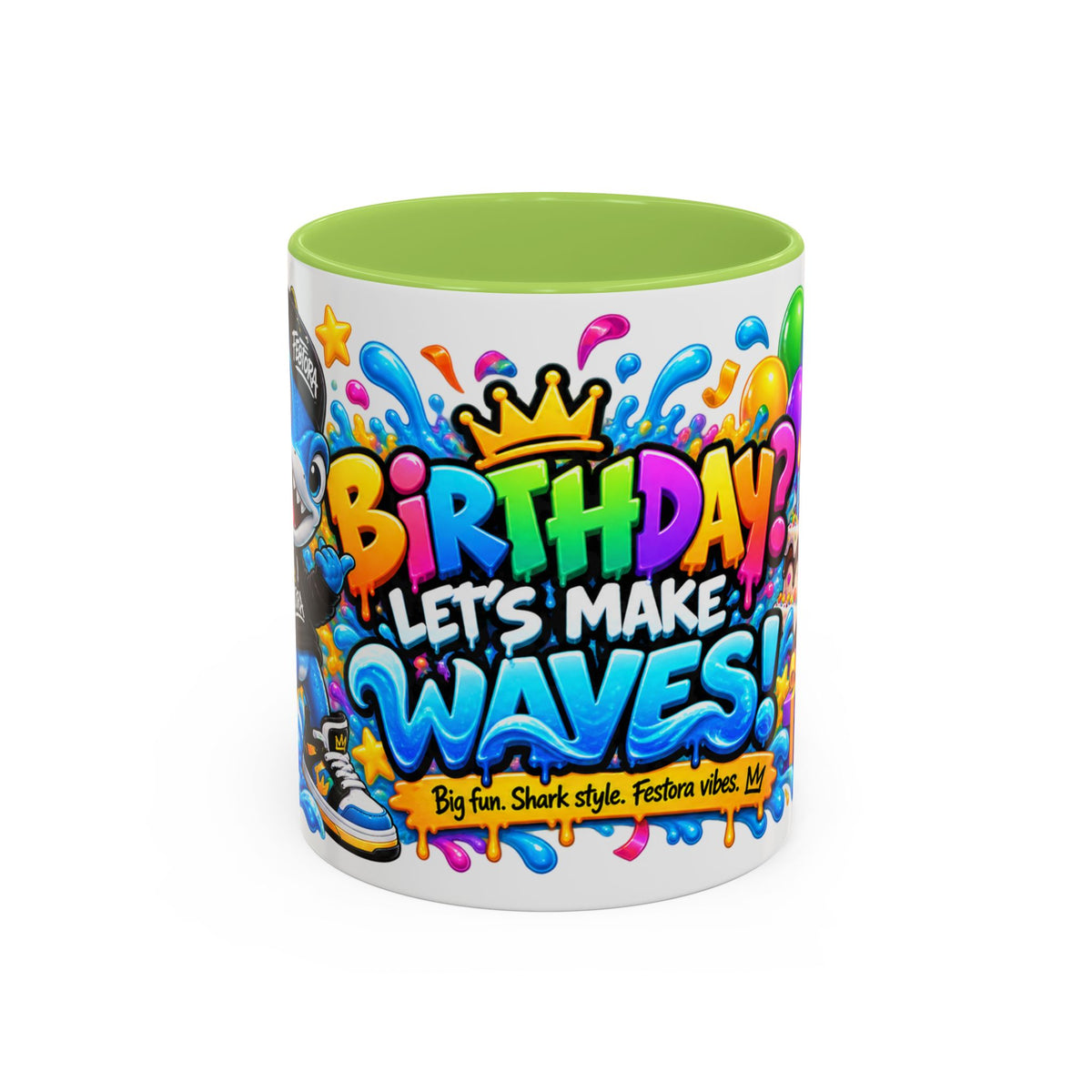 BIRTHDAY? LET’S MAKE WAVES! White Ceramic Mug – Funny Shark Birthday Coffee Cup – Original FestoraShop Design