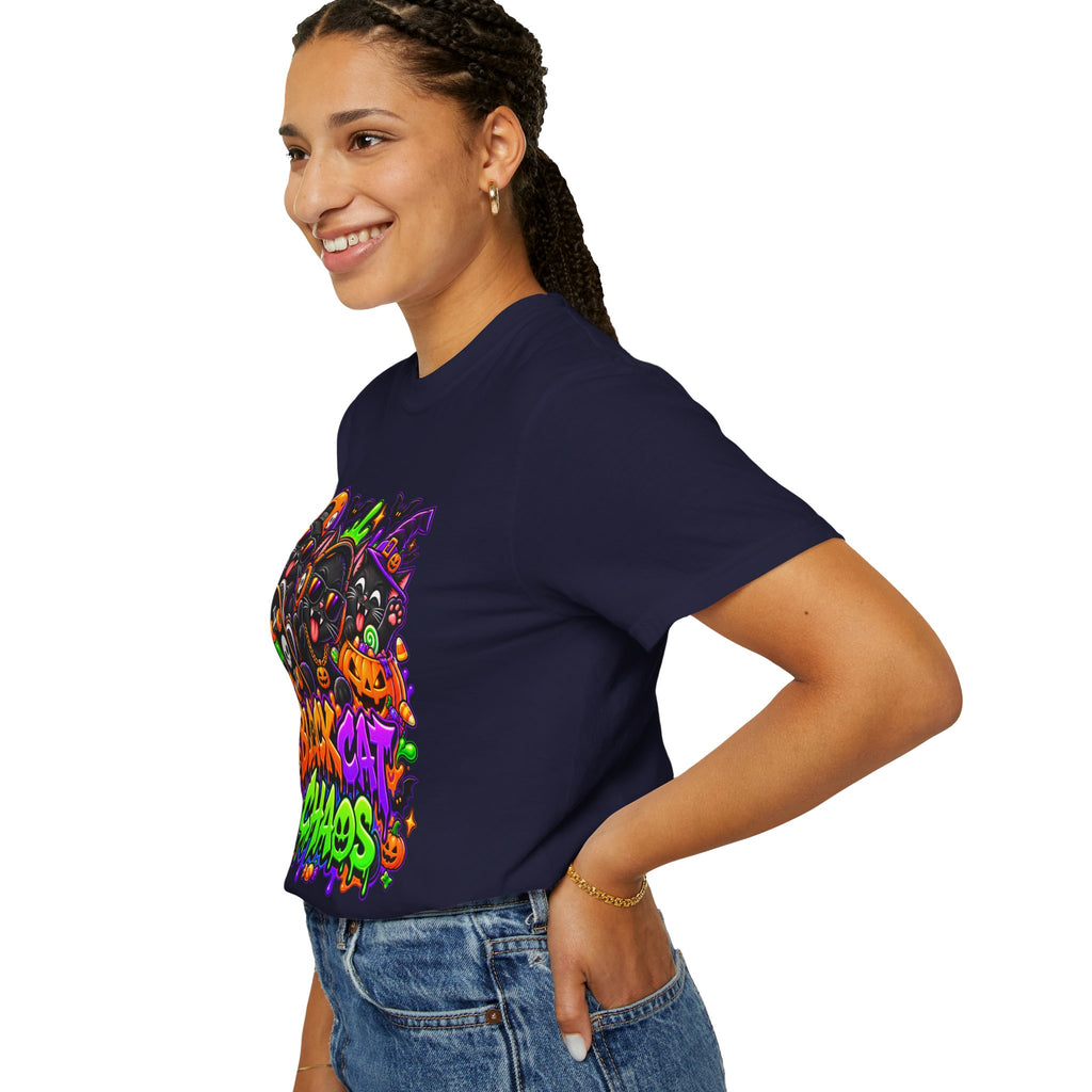 Neon Black Cat Halloween Chaos T-Shirt | Cute Spooky Cat Graphic Tee