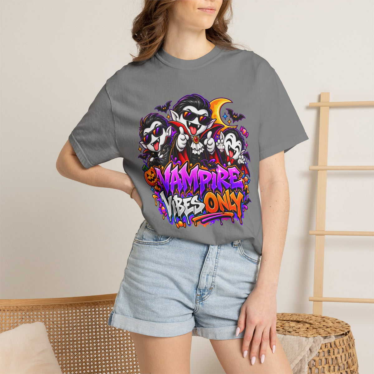 Neon Vampire Vibes Halloween Unisex Garment-Dyed T-Shirt Featuring a Cool Festora Vampire Crew
