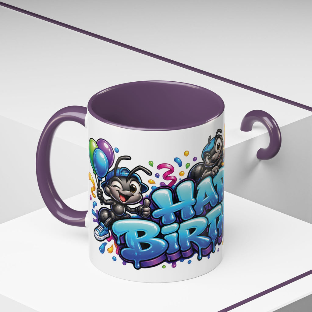 Happy Birthday Cartoon Mug – Graffiti Ants, Birthday Cake, Balloons & Confetti Coffee Cup
