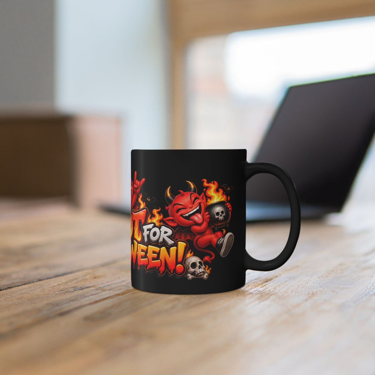 Too Hot for Halloween Black Mug – Funny Devils, Flames & Spooky Design