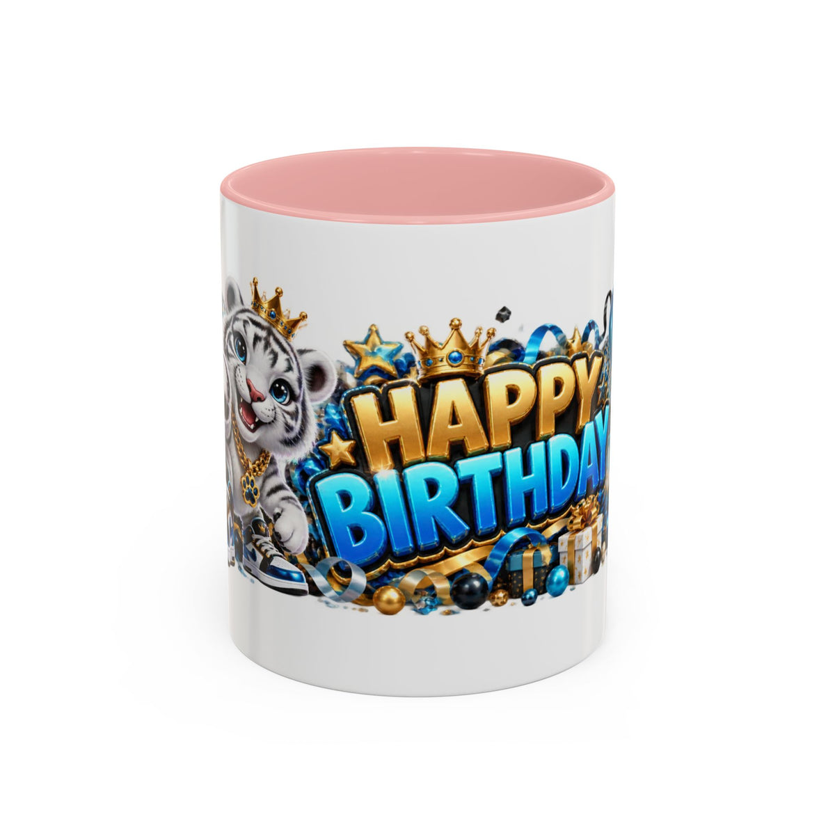 Happy Birthday White Tiger Mug – Colorful 3D Birthday Gift – White Coffee Mug
