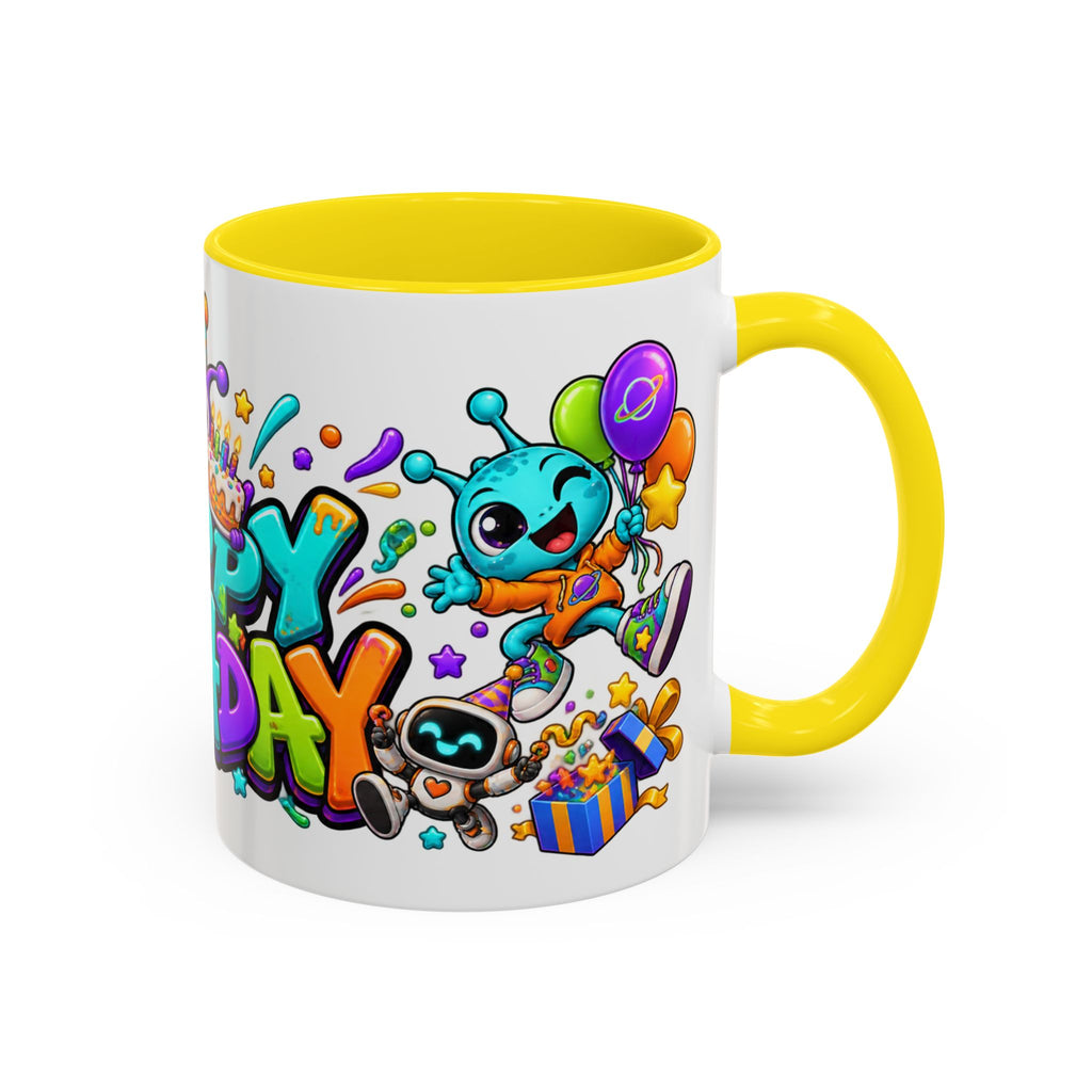 Happy Birthday Alien Mug – Colorful Space Party Cup with Cute Aliens & Robots
