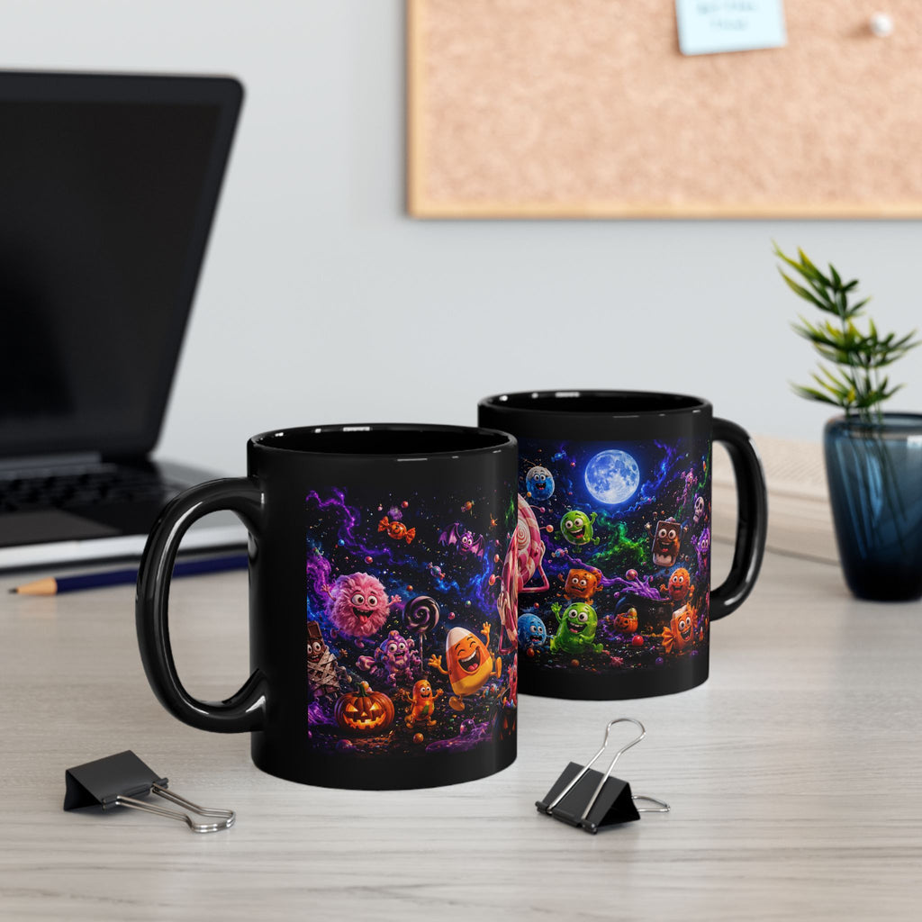 Spooky Candy Monsters Black Mug — Cute Moonlit Halloween Candy Moon Coffee Cup (11oz/15oz)