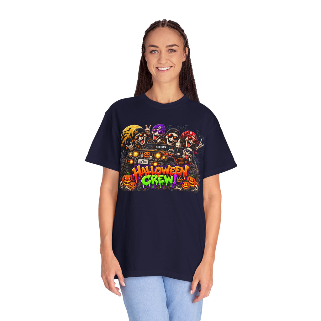Halloween Crew T-Shirt – Skeleton Jeep Spooky Graphic Tee