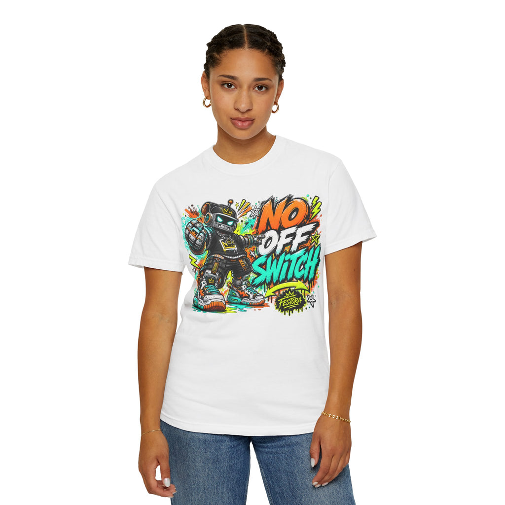 No Off Switch Robot Graphic T-Shirt — Bold Retro Streetwear Design