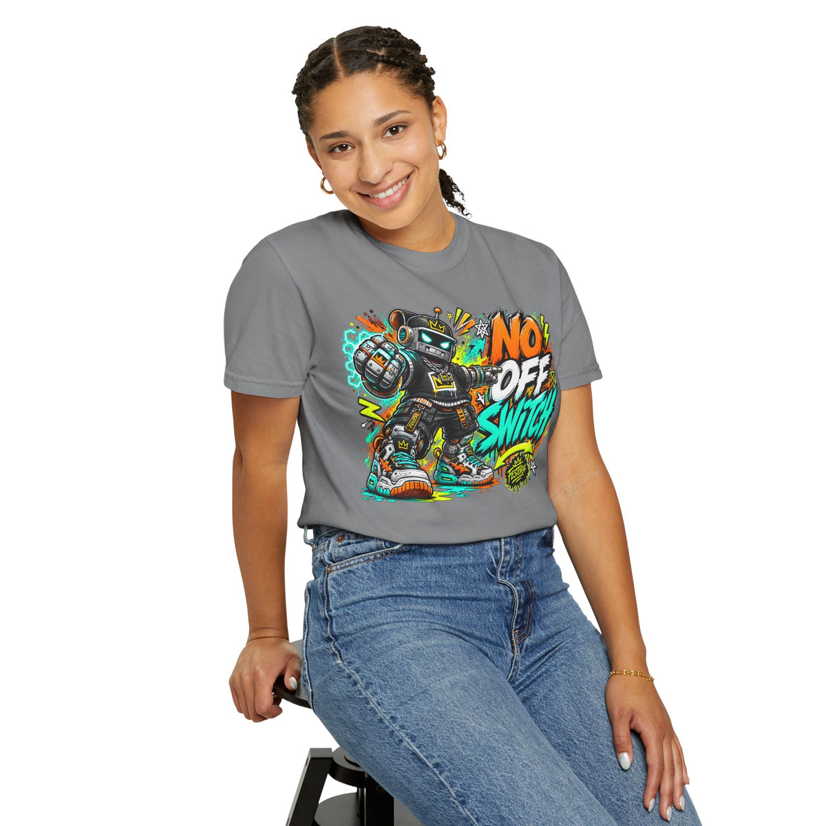 No Off Switch Robot Graphic T-Shirt — Bold Retro Streetwear Design