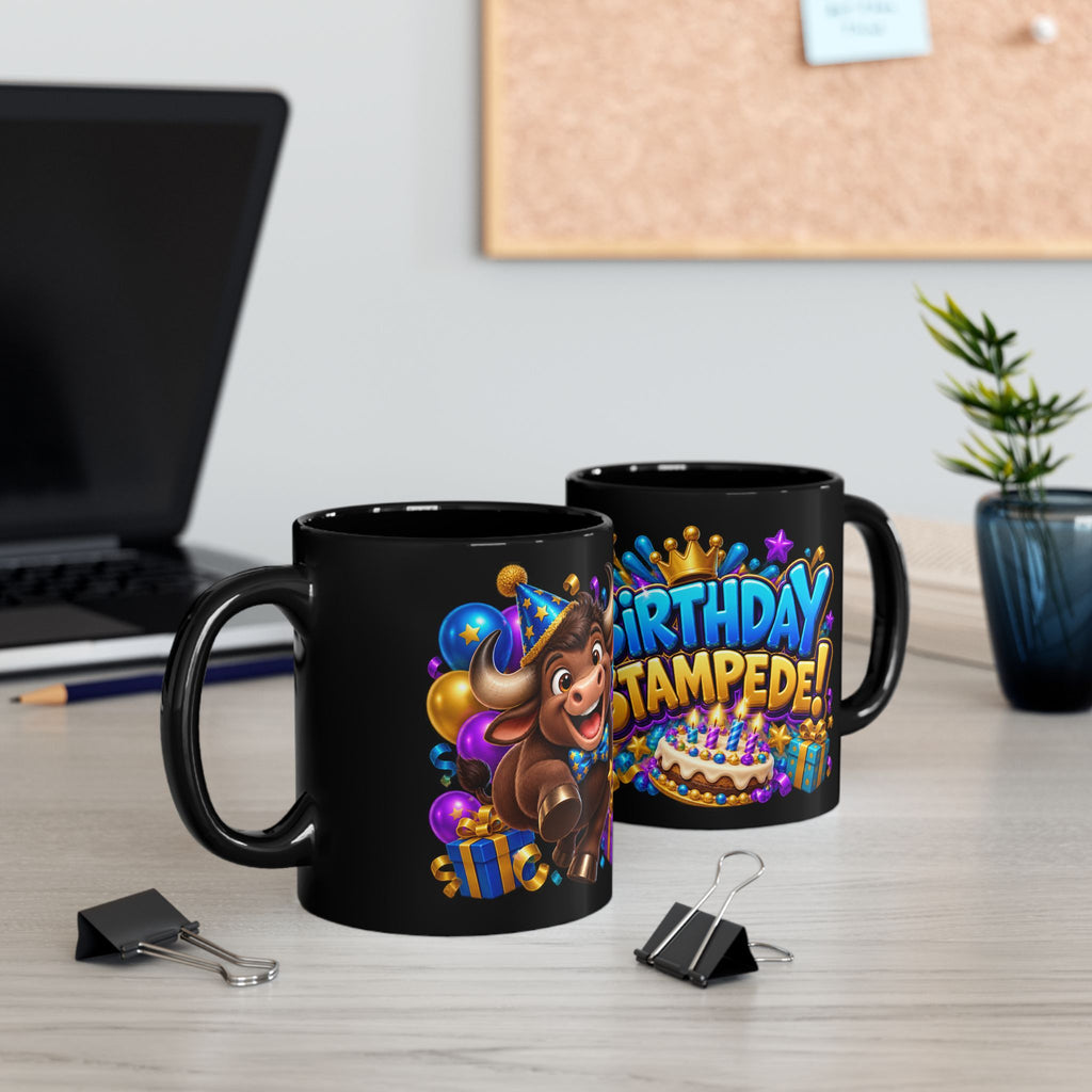 Birthday Stampede Black Mug – Funny Buffalo Birthday Cup, Colorful Party Gift
