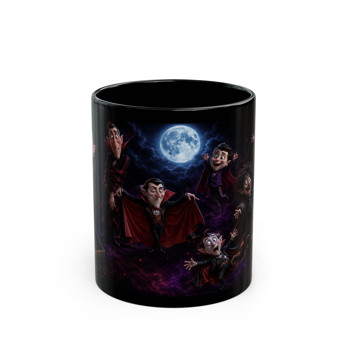 Funny Vampire  Black Mug – Moonlit Halloween Cartoon Wraparound (11oz, 15oz)