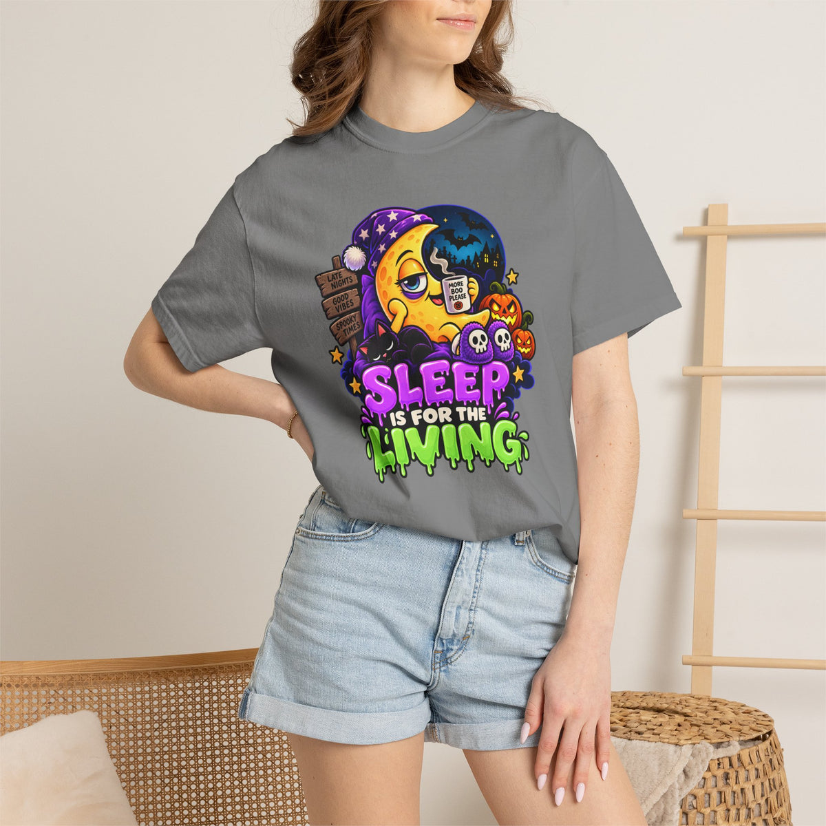 Sleep Is for the Living – Funny Halloween Moon T-Shirt