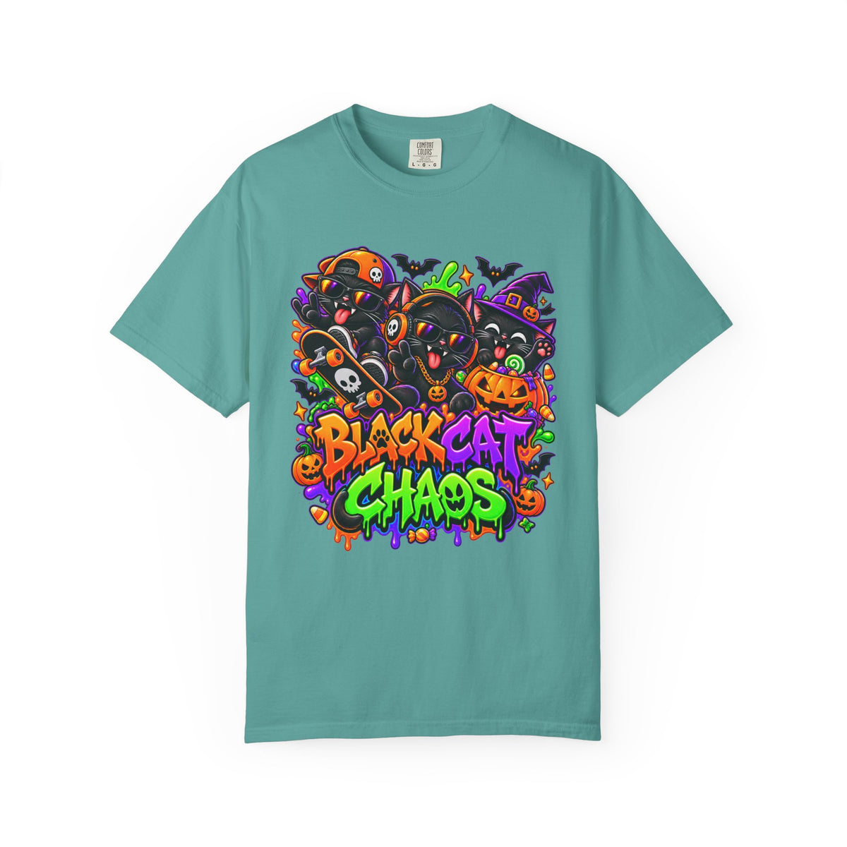 Neon Black Cat Halloween Chaos T-Shirt | Cute Spooky Cat Graphic Tee