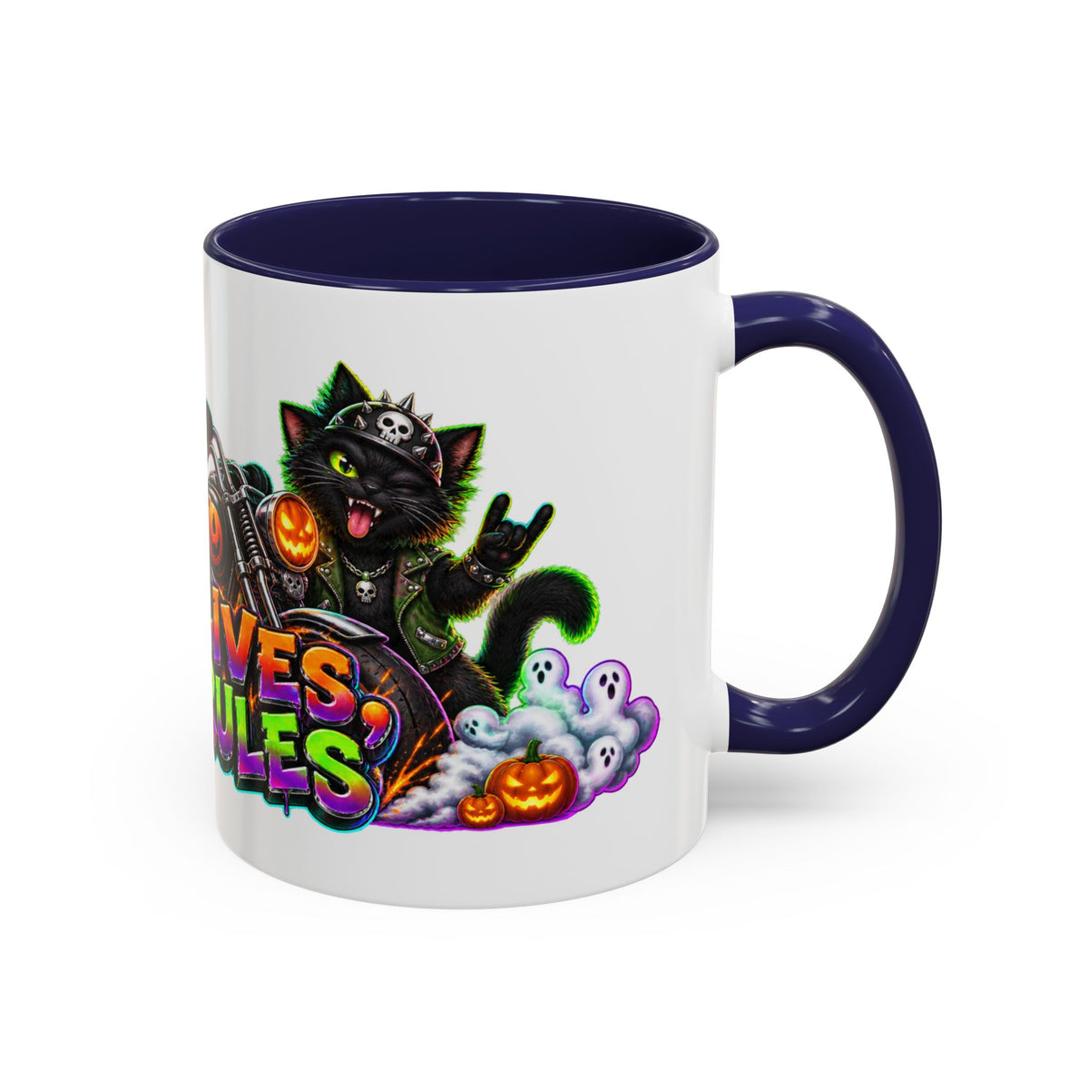 Nine Lives Zero Rules Biker Cats Halloween White Mug