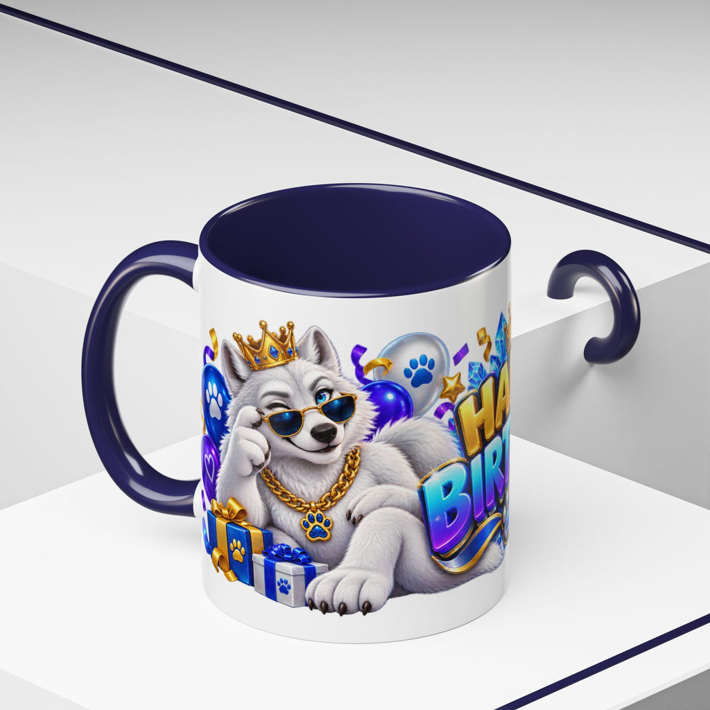 White Wolf Happy Birthday Mug – Blue Purple & Gold Birthday Gift – FestoraShop White Coffee Mug