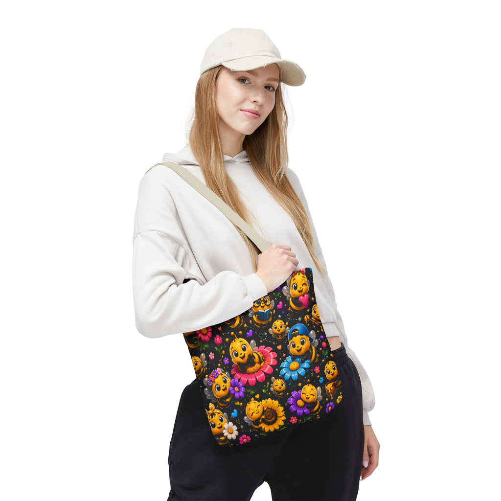 Cute Bee Pattern Tote Bag — Colorful Floral Cartoon Bees All-Over Print