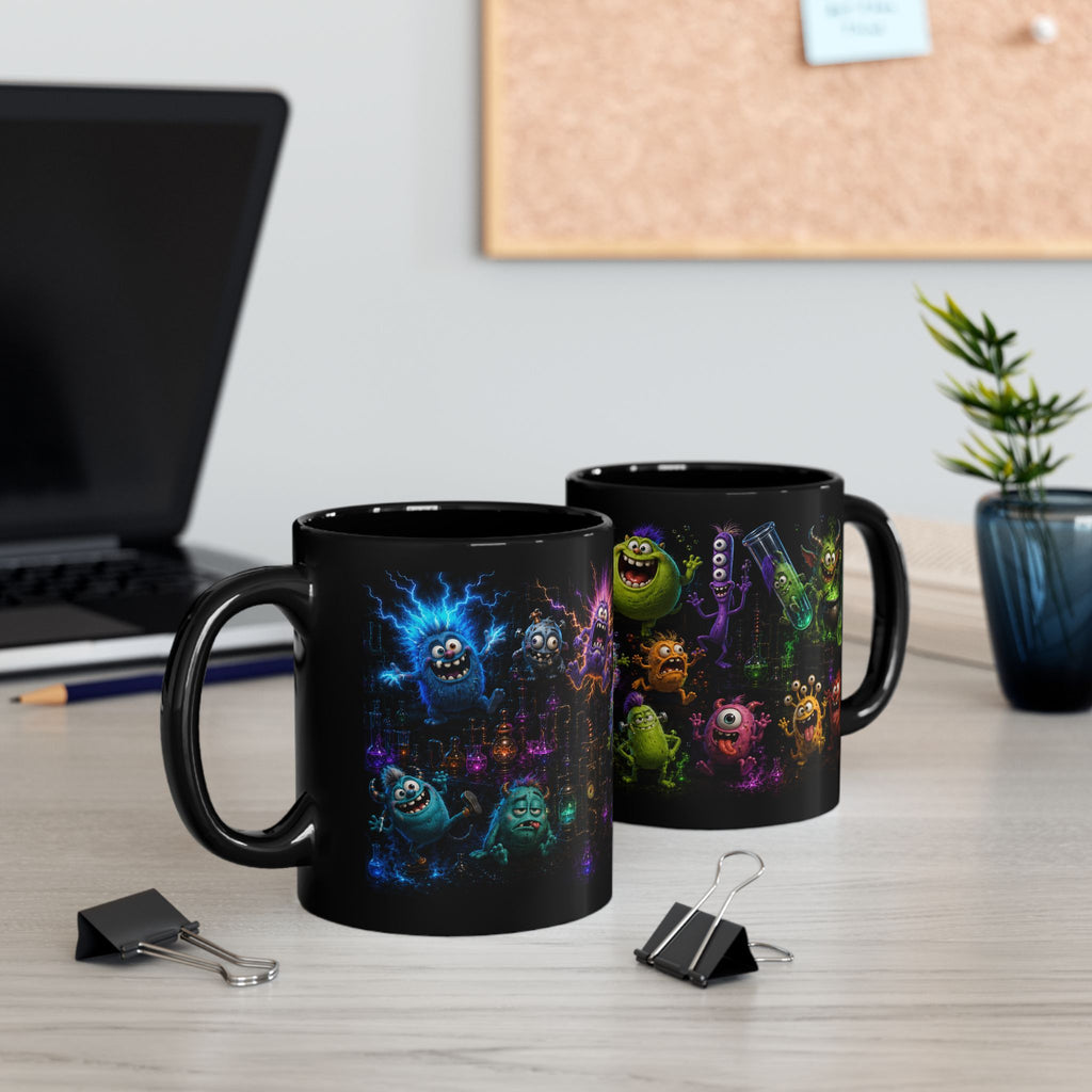 Monster Lab Black Mug — Colorful Cute Monsters Wraparound Cup (11oz/15oz)