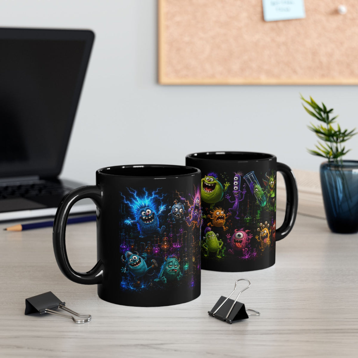 Monster Lab Black Mug — Colorful Cute Monsters Wraparound Cup (11oz/15oz)