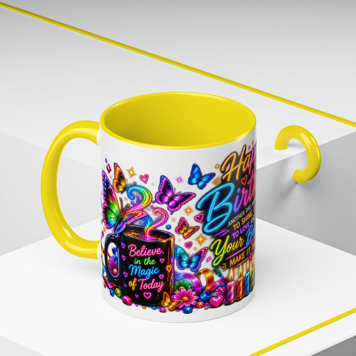 Birthday Coffee Mug – Colorful "Happy Birthday" Gift Mug with Butterflies & Candles