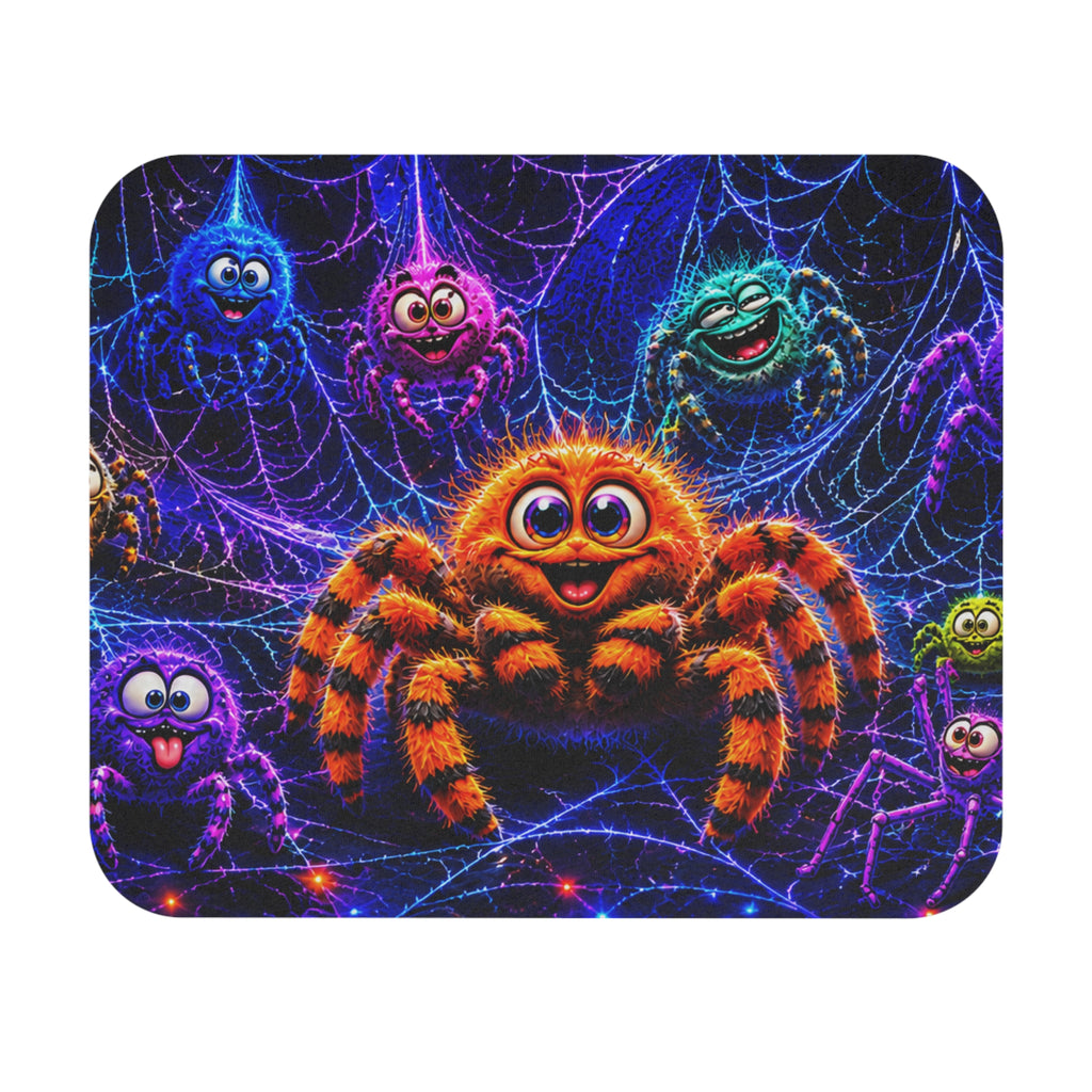 Cute Halloween Spider Mouse Pad - Colorful Cartoon Spiders on Neon Web