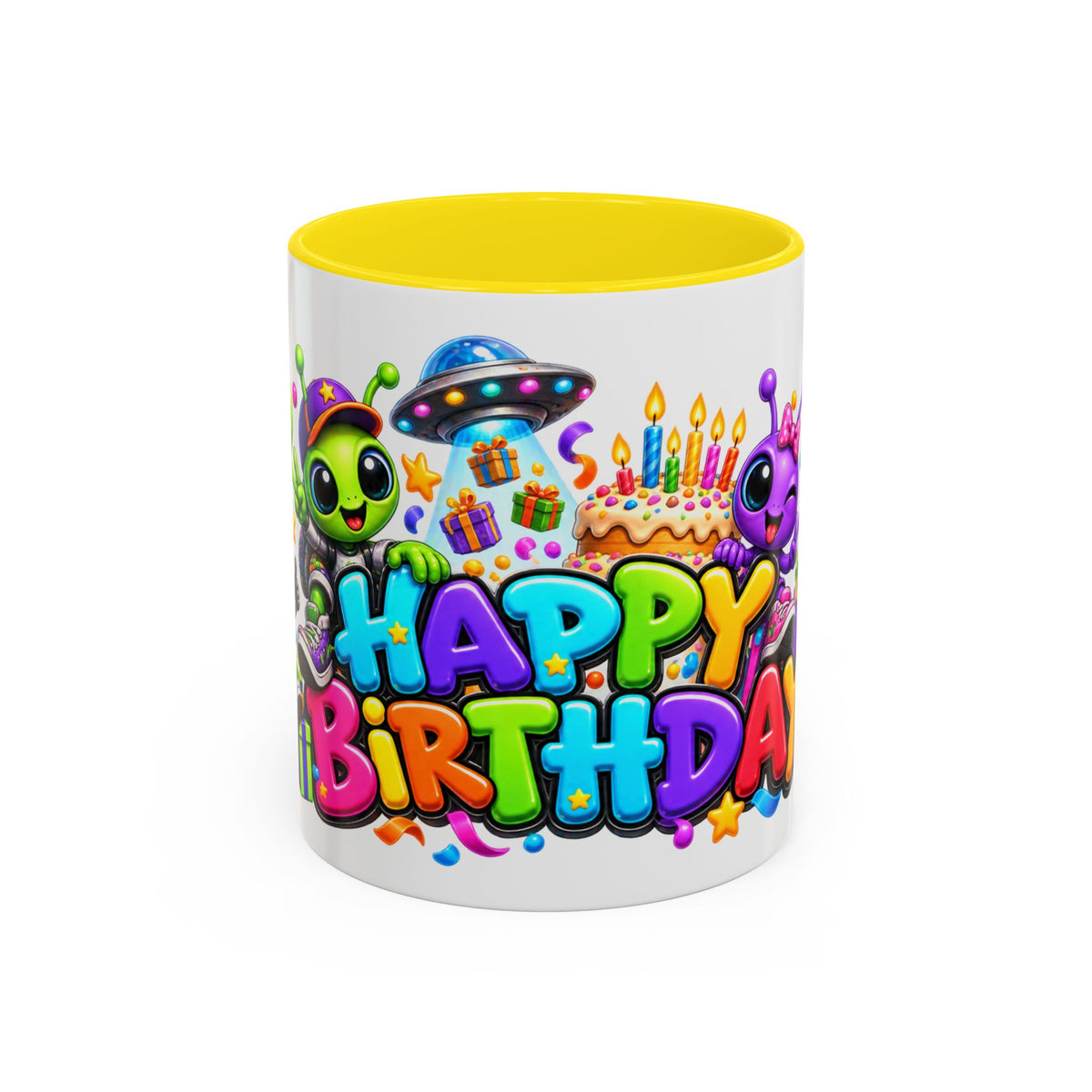 Happy Birthday Space Party Mug – Cute Aliens, Robots, UFO & Colorful 3D Birthday Design