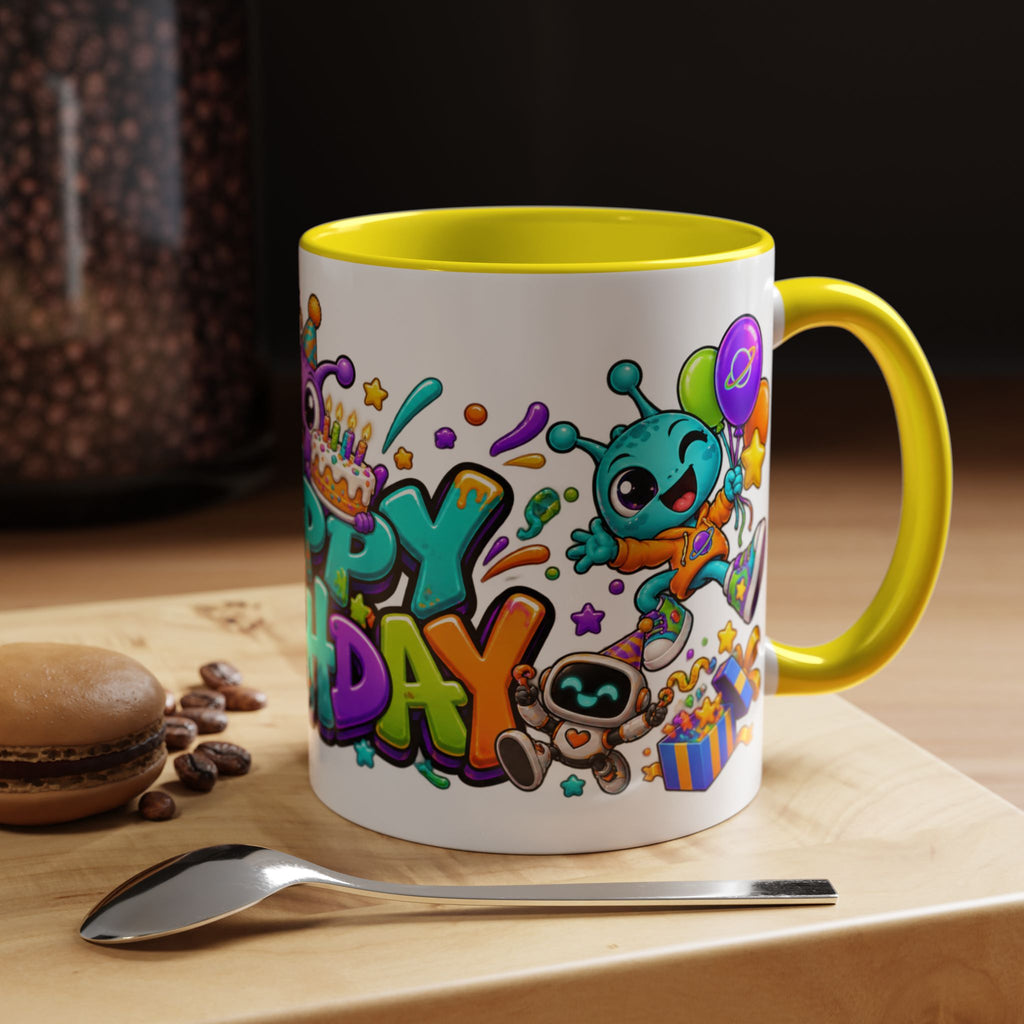 Happy Birthday Alien Mug – Colorful Space Party Cup with Cute Aliens & Robots