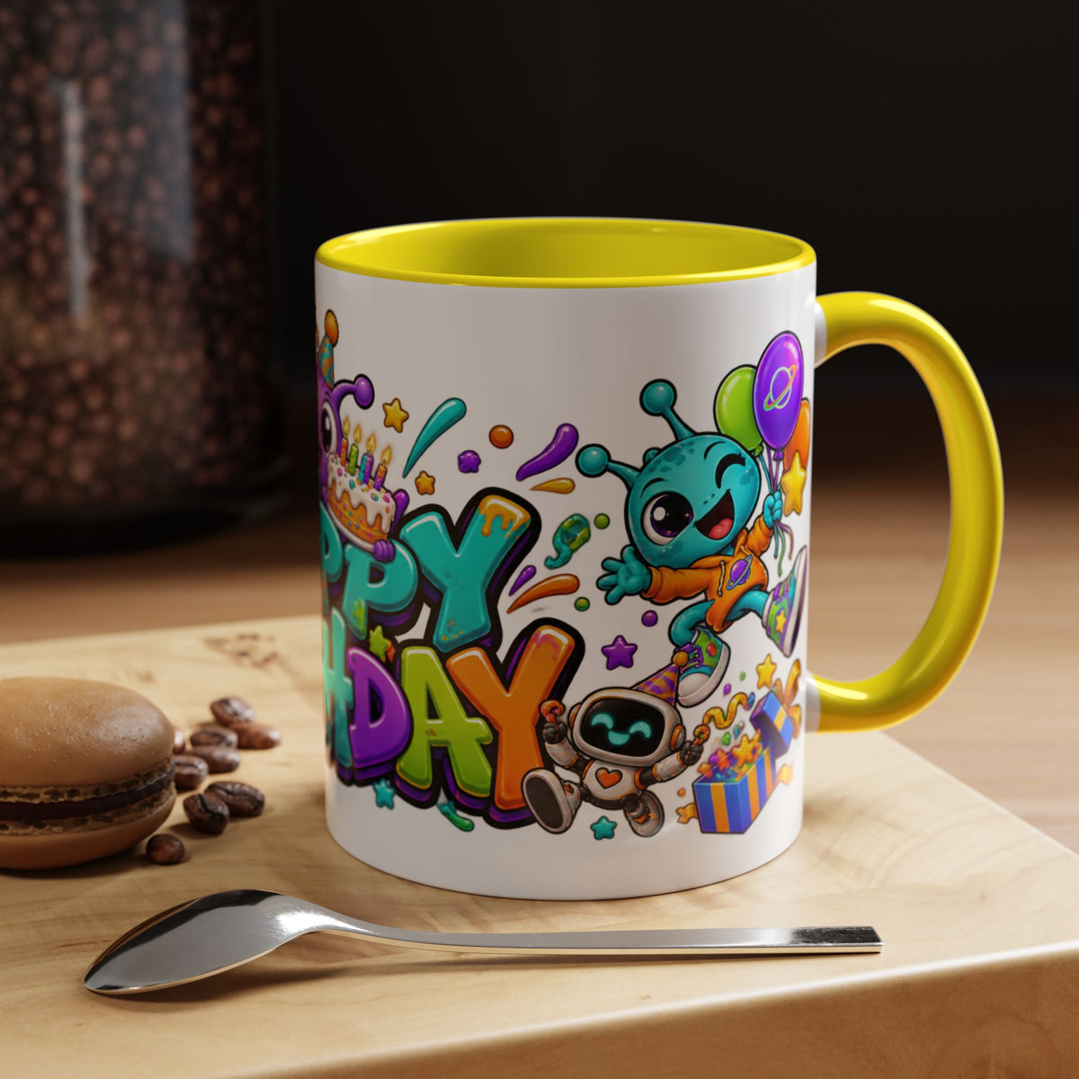 Happy Birthday Alien Mug – Colorful Space Party Cup with Cute Aliens & Robots
