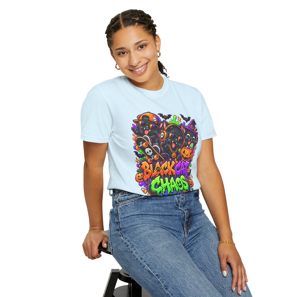 Neon Black Cat Halloween Chaos T-Shirt | Cute Spooky Cat Graphic Tee