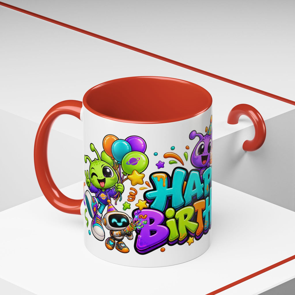 Happy Birthday Alien Mug – Colorful Space Party Cup with Cute Aliens & Robots
