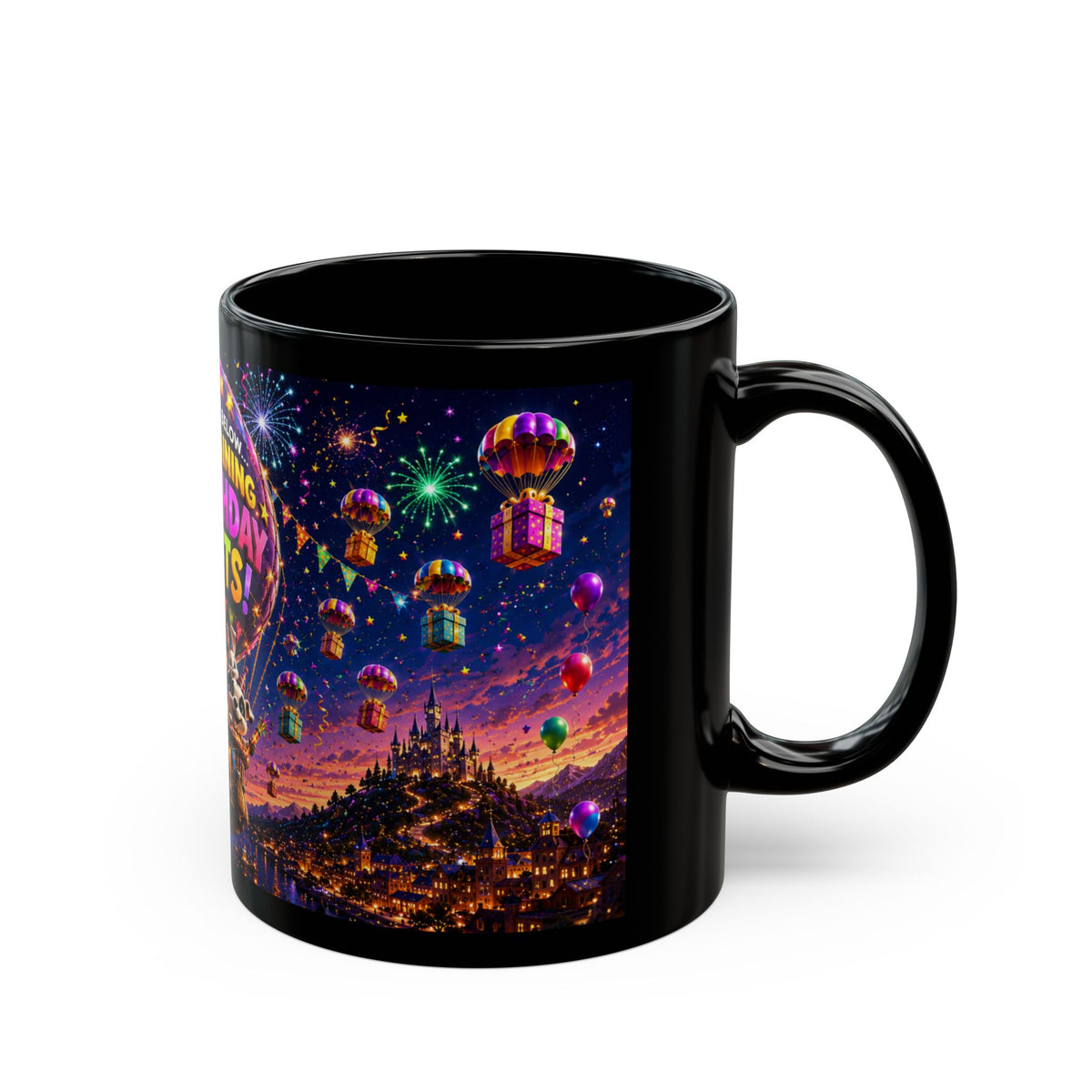 Birthday Gifts Hot Air Balloon Black Mug – "It's Raining Birthday Gifts" (11oz)