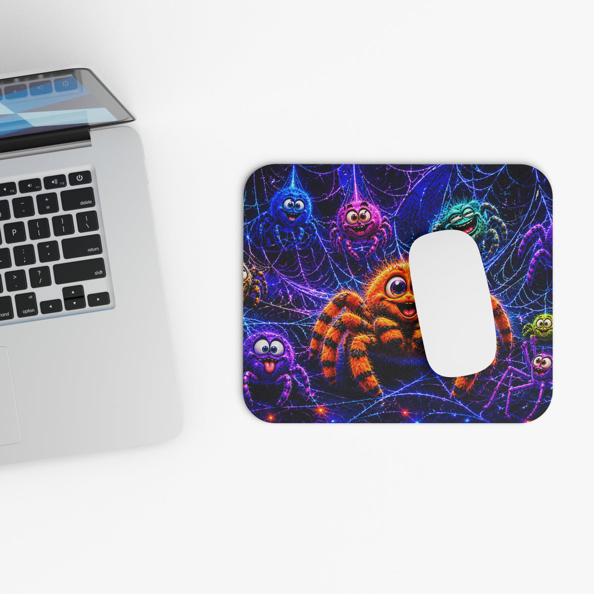 Cute Halloween Spider Mouse Pad - Colorful Cartoon Spiders on Neon Web
