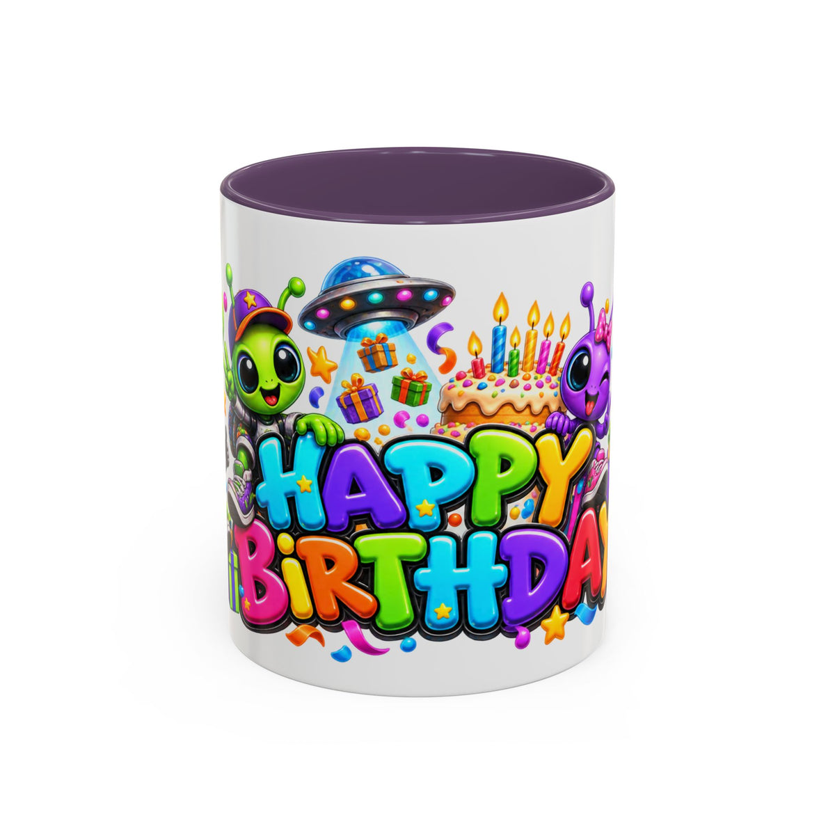 Happy Birthday Space Party Mug – Cute Aliens, Robots, UFO & Colorful 3D Birthday Design