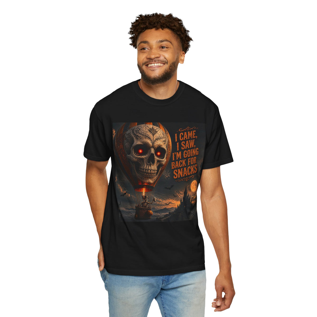 Halloween Skull T-Shirt — “I Came, I Saw, I’m Going Back for Snacks” Graphic Tee