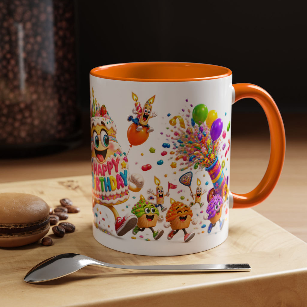 Birthday Party Coffee Mug – Colorful Happy Birthday Cake & Balloon Design (11/15oz Accent Mug)