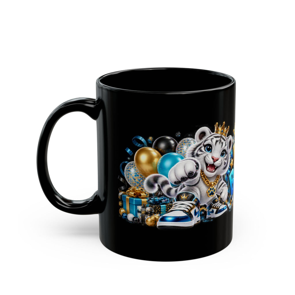 Happy Birthday White Tiger Mug – Bold 3D Birthday Design – Black Coffee Mug