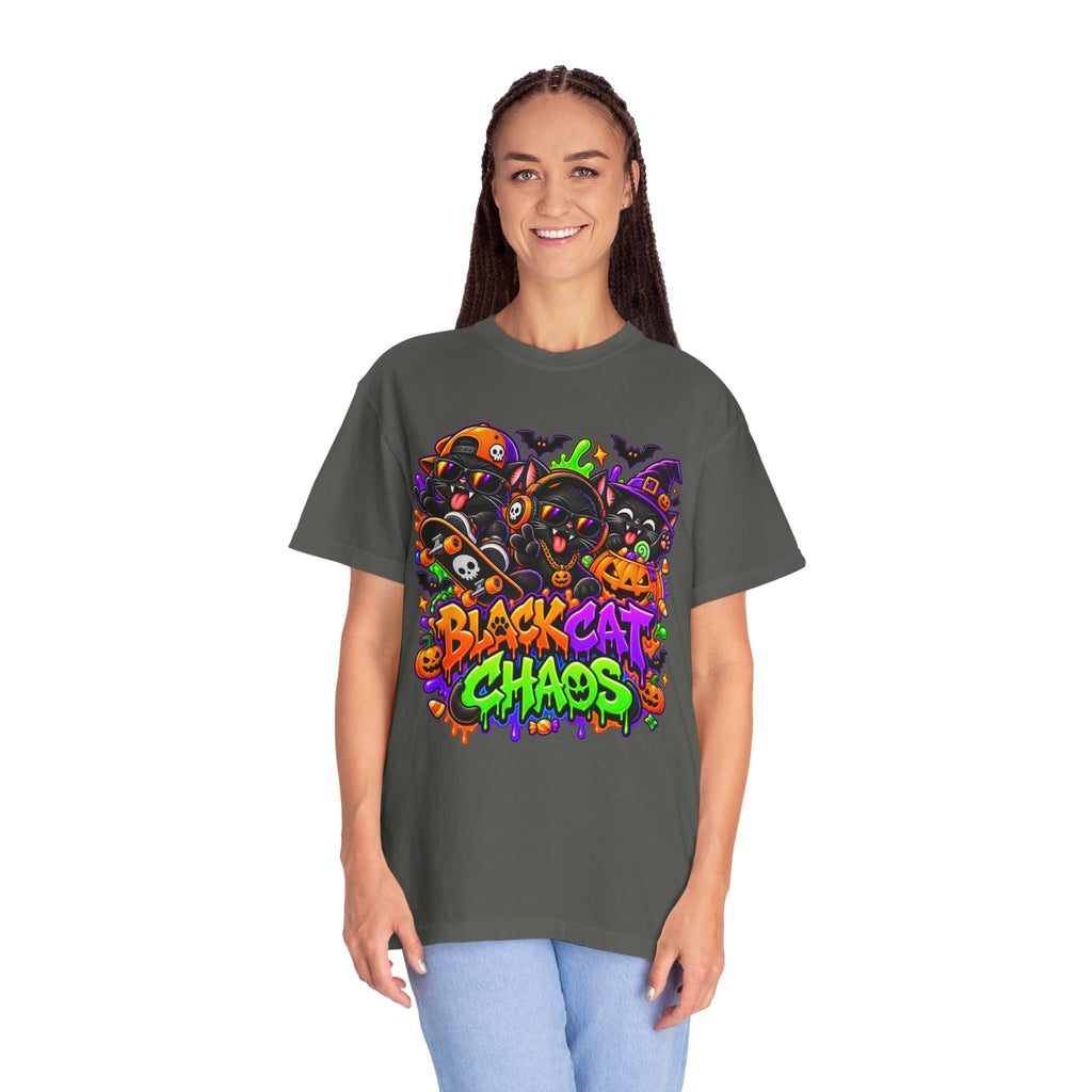 Neon Black Cat Halloween Chaos T-Shirt | Cute Spooky Cat Graphic Tee