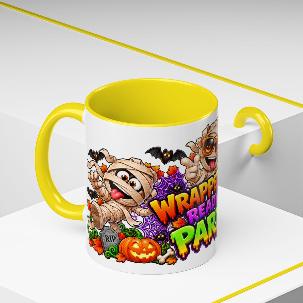 Wrapped Up & Ready to Party White Mug – Funny Mummies & Spooky Party Design