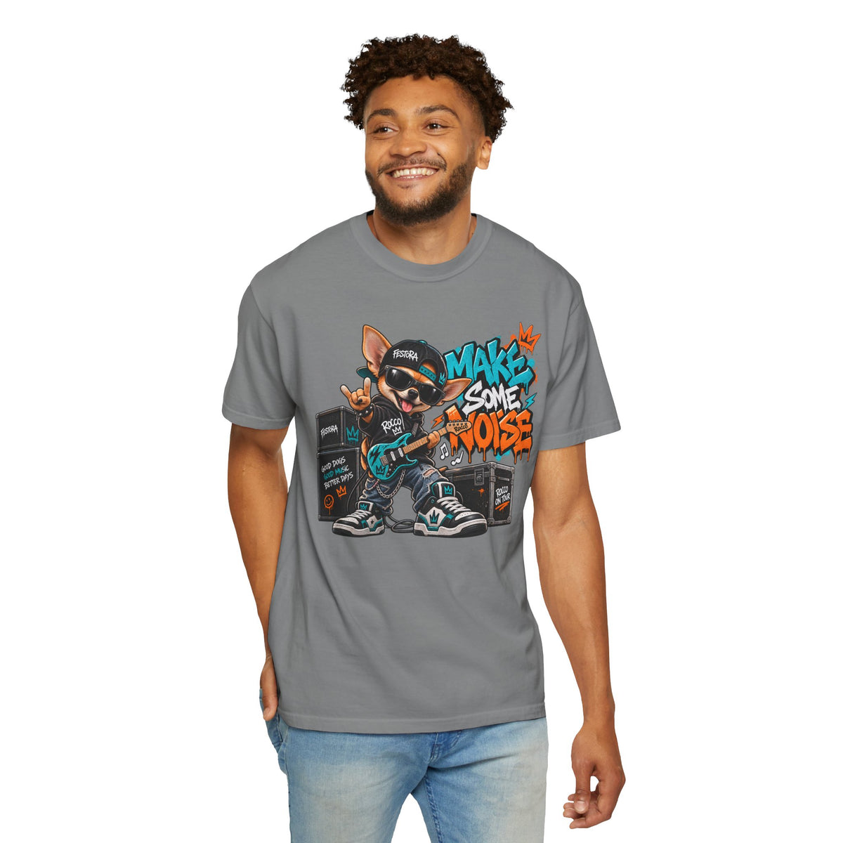 Make Some Noise Rocco Graphic T-Shirt — Streetwear Rock Dog Tee