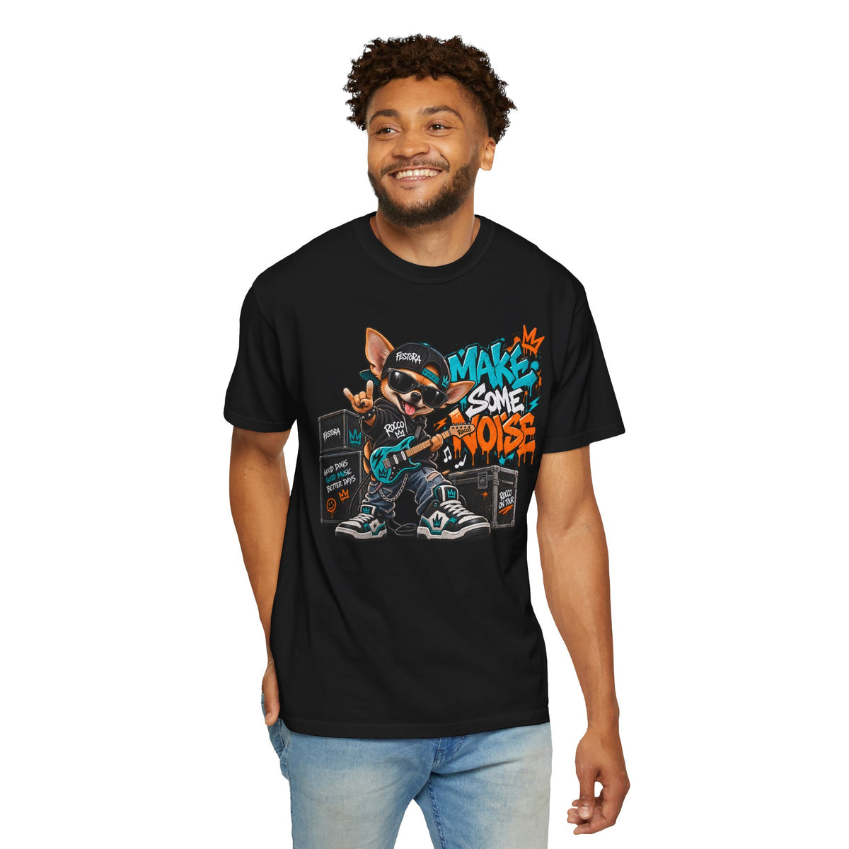 Make Some Noise Rocco Graphic T-Shirt — Streetwear Rock Dog Tee