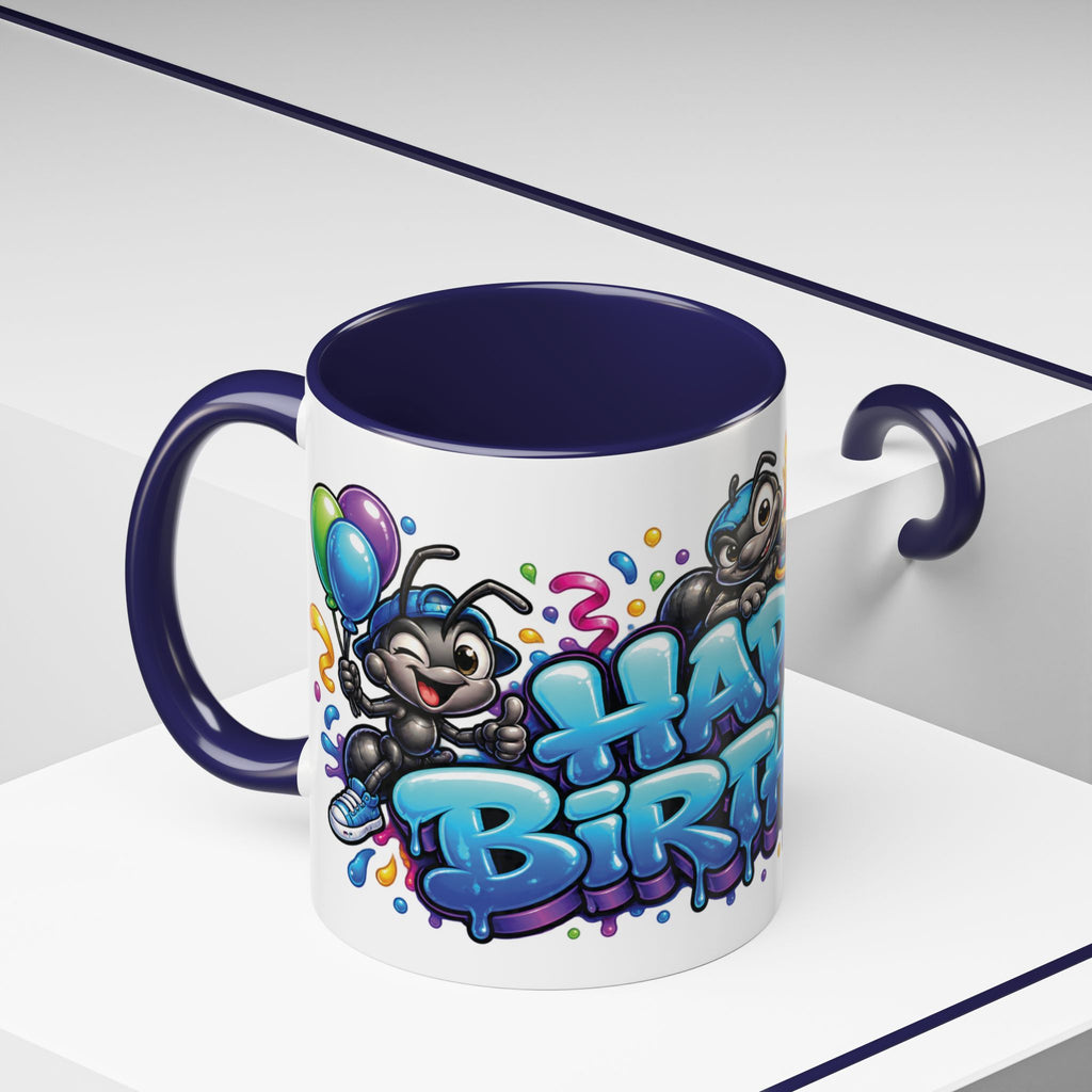 Happy Birthday Cartoon Mug – Graffiti Ants, Birthday Cake, Balloons & Confetti Coffee Cup