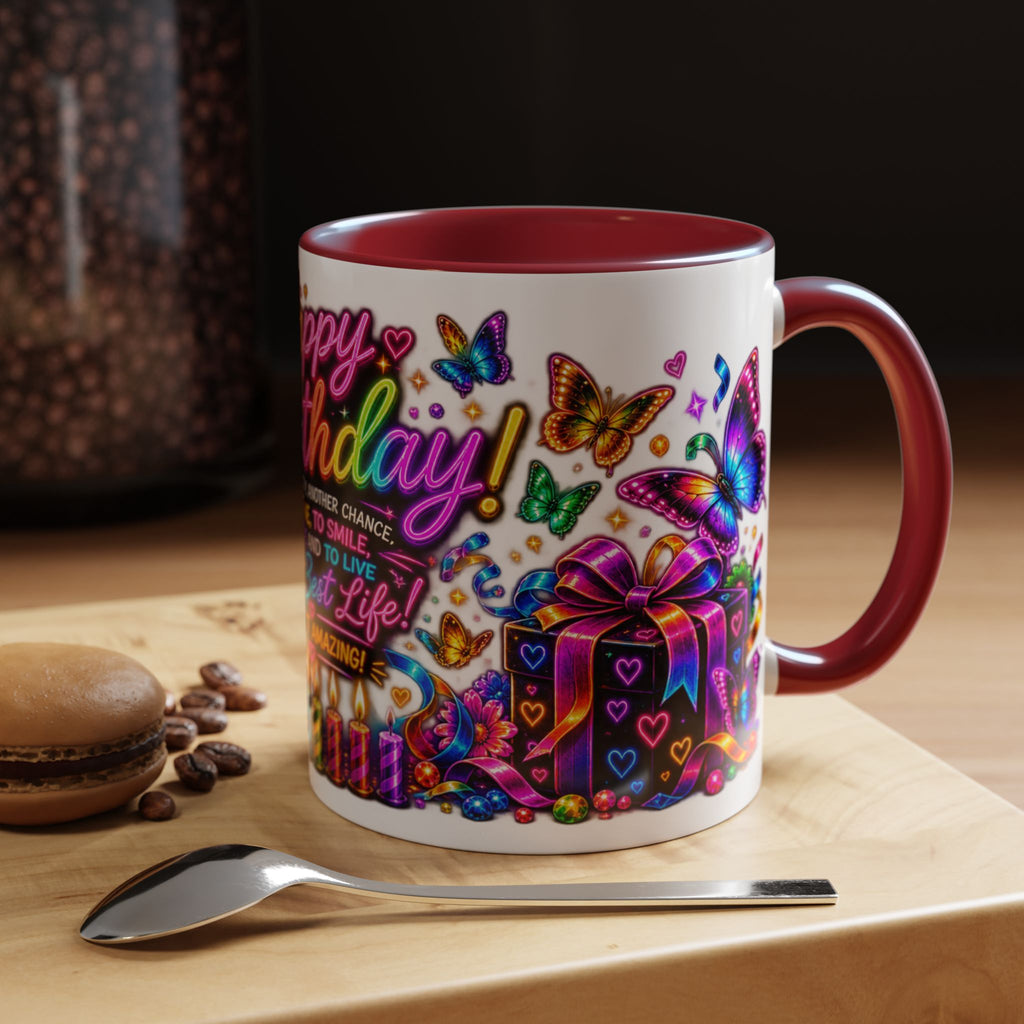 Birthday Coffee Mug – Colorful "Happy Birthday" Gift Mug with Butterflies & Candles